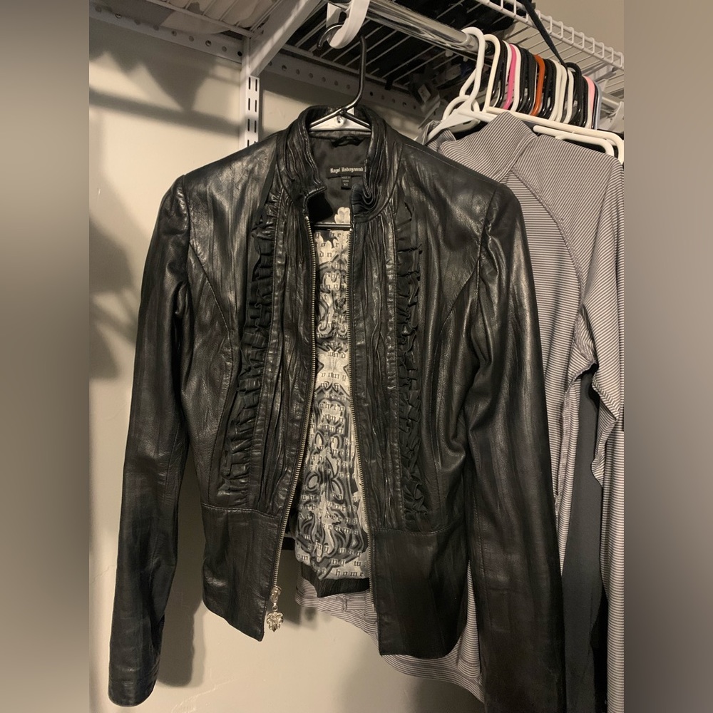 Royal underground black ruffle fitted leather mandarin jacket